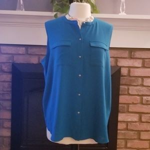 Ellen Tracy blue sleeveless XL button up blouse